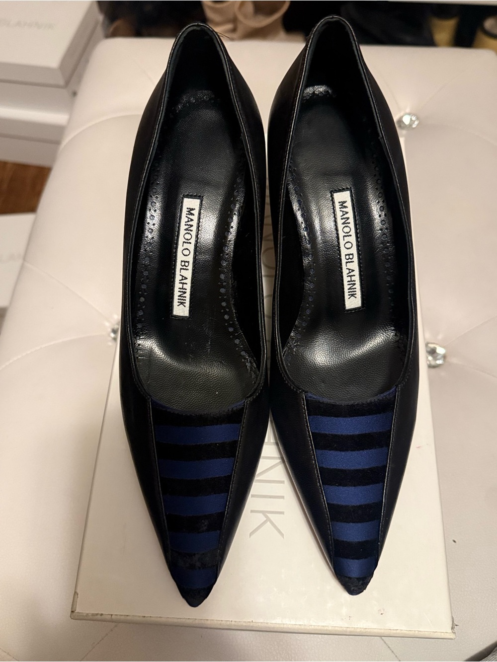 Manolo Blahnik Black Leather Pumps with Navy Striped Pointed Toe, 36